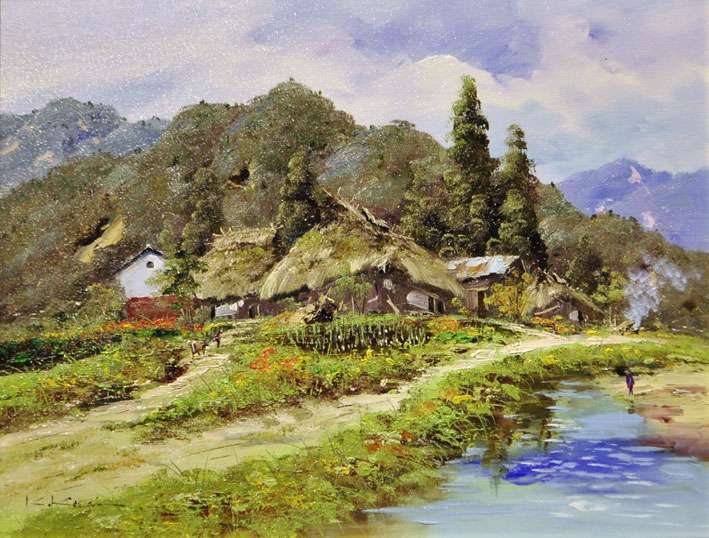 華子の出品額縁付き日本田舎風景画 大きな油絵