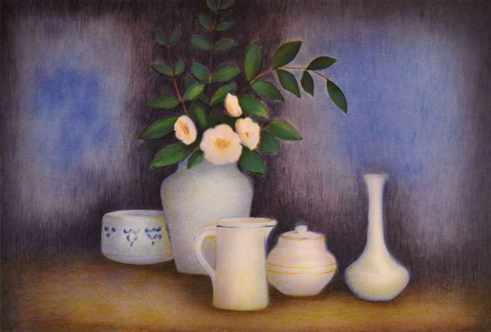 ラベルニア「白い花瓶とピンクの椿」リトグラフ | 日本画、油絵、版画